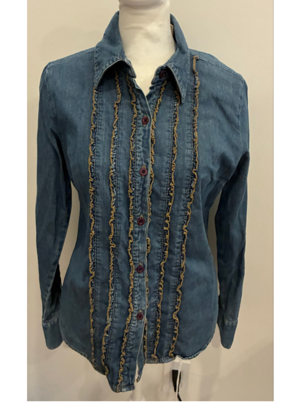 Women's St. John's Bay Denim Ruffle Button Down Shirt, Blue, Size S